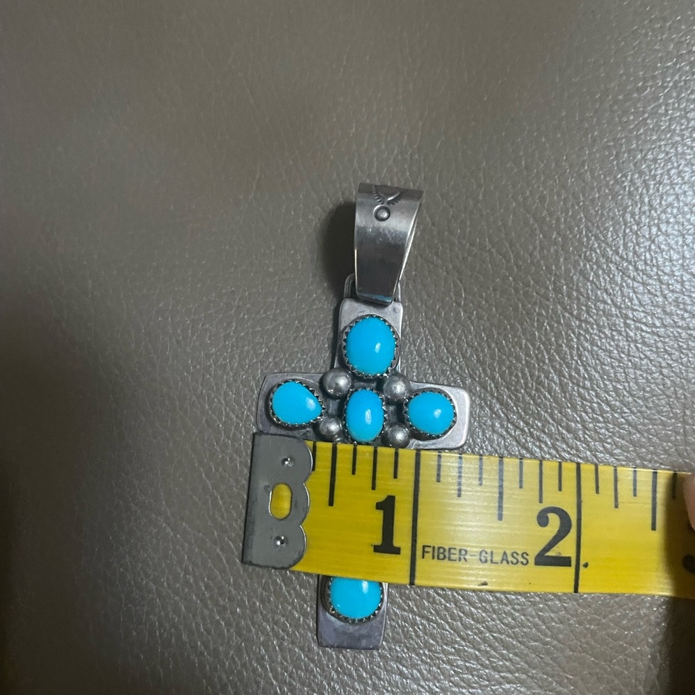 Large Navajo Signed Turquoise and Silver Cross Pendant 🦋 - Picture 8 of 11